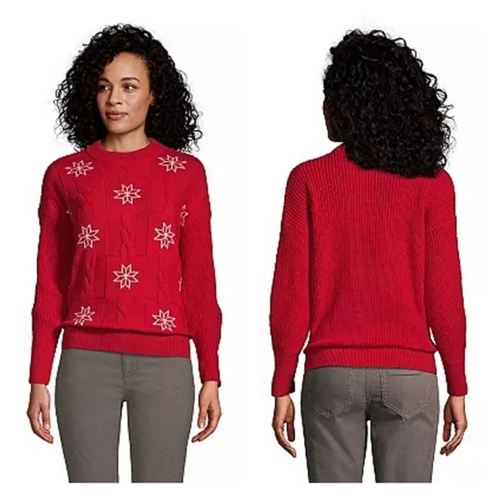 Lands’ End Red Snowflake Cable Knit Crewneck Sweater Size XL
